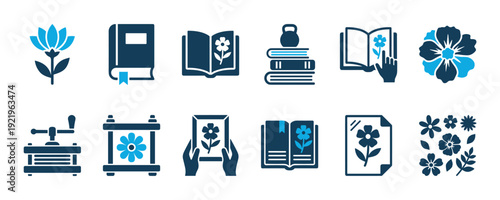 Pressed flower and herbarium icon set collection showing various stages of the plant pressing hobby, including books, a press, and dried floral specimens in a simple glyph style