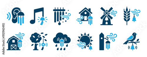 Set of blue wind chime icons representing sound, nature, and weather in a flat glyph style, featuring symbols like a house, windmill, sun, cloud, and bird for tranquility concepts