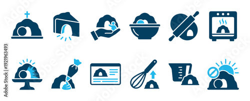 Empty tomb rolls recipe icon set illustrating the Christian Easter story through baking steps with minimalist two-color glyphs for religious holiday activities and traditions