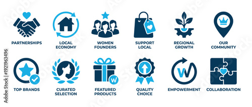 Set of twelve blue business icons representing concepts like local economy, women founders, community support, and quality choice for corporate social responsibility infographics