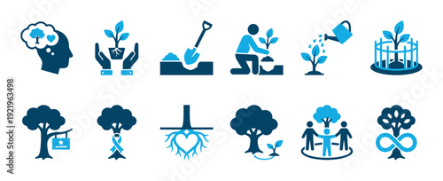 Collection of two-color flat icons representing tree planting, environmental care, sustainability, reforestation, and community action for nature conservation and growth