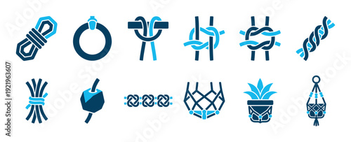 Macrame and knotting craft icon set with rope, various knots, beads, and plant hangers in a modern two-color glyph style for DIY hobby and handmade decoration concepts