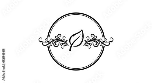 Elegant Leaf Inside Ornate Circular Frame Symbolizing Nature and Wellness on Isolated White Background