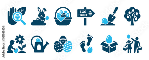 Collection of blue Easter egg hunt icons featuring a bunny, basket, children searching, and other spring holiday symbols in a simple, flat graphic vector style for festive design