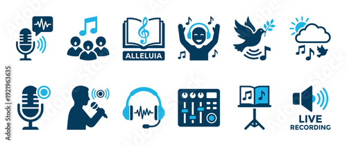 Blue and black gospel music icon set featuring symbols for choir singing, praise, worship, and live audio recording like a microphone, hymnal, dove, and sound mixer