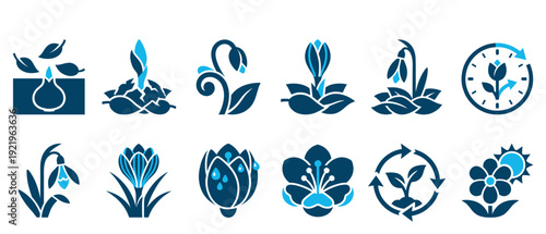 Blue spring flower and plant growth icon set illustrating the life cycle from bulb planting and watering to a blooming snowdrop and crocus in a flat graphic style
