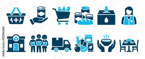 Blue vector icon set for food banks and charity, illustrating donation, volunteering, community support, groceries, canned goods, delivery, and providing hot meals for the needy