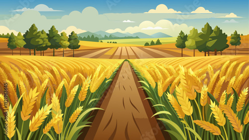 A wide golden wheat farm stretching across open land with tall wheat plants moving in organized rows narrow dirt paths divide