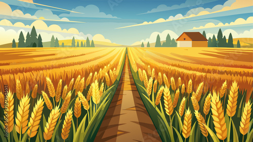 A wide golden wheat farm stretching across open land with tall wheat plants moving in organized rows narrow dirt paths divide