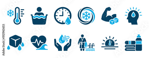 Set of blue vector icons representing cold therapy, ice bath immersion, and cryotherapy benefits for health, wellness, and muscle recovery, including symbols for temperature and breathing