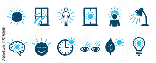 Collection of hand-drawn blue icons representing daylight, sun exposure, and well-being concepts like energy, mood, and circadian rhythm, illustrated in a simple doodle style