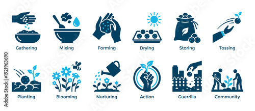 Blue vector icon set illustrating the process of making seed bombs for guerrilla and community gardening, from gathering materials to planting and nurturing flowers