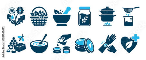 Set of blue two-tone icons illustrating the process of making homemade herbal cosmetics and natural skincare, showing ingredients like plants, beeswax, and the final cream