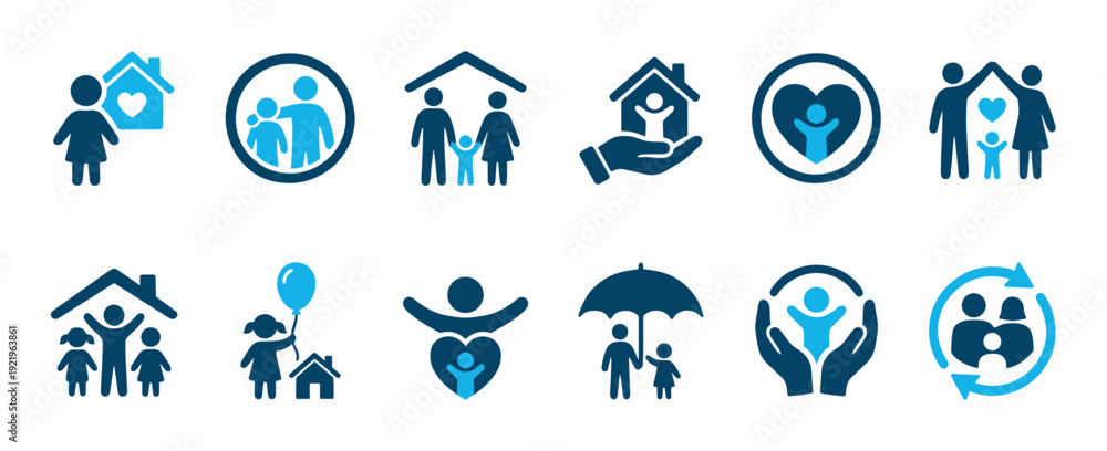 Fototapeta premium Set of blue family icons representing home, care, love, and protection in a minimalist vector style for social services, community, or insurance concepts