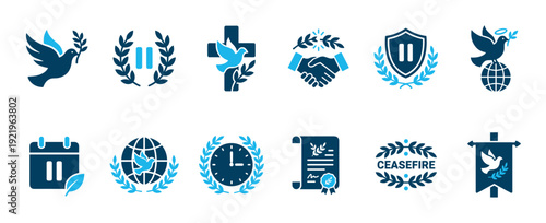 Set of blue and cyan ceasefire icons representing peace, truce, and diplomacy with symbols like a dove, olive branch, handshake, and pause sign for conflict resolution concepts