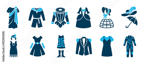 Historical and futuristic fashion clothing icons set illustrating the evolution of style through different eras, from ancient toga to a modern power suit and futuristic cyber suit