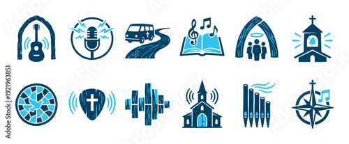 Set of blue Christian church icons for worship and community, featuring a guitar, microphone, organ, and bible in a modern hand-drawn graphic style