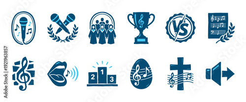 Collection of twelve blue hand-drawn icons for a music competition, featuring a choir, microphone, trophy, podium, and sheet music with a textured stamp effect