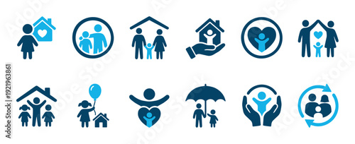 Set of blue family icons representing home, care, love, and protection in a minimalist vector style for social services, community, or insurance concepts