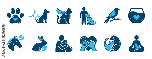 Set of blue animal welfare icons depicting pet care, veterinary health, and human-animal bond concepts with minimalist silhouettes of various animals