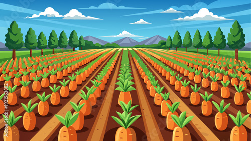 A large carrot farm with evenly spaced rows of carrot plants growing from rich soil visible green tops cover the field organized