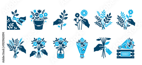 Collection of blue florist and gardening icons depicting the steps of creating a bouquet, including cutting stems, arranging flowers, tying a ribbon, and selling at a market