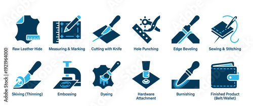 Leatherworking process icon set showing crafting steps from raw hide to a finished product like a wallet, including cutting, sewing, dyeing, and embossing for handmade goods