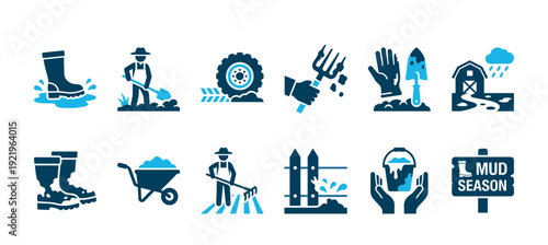 Set of blue glyph icons for the mud season, illustrating farming and gardening concepts with symbols of a farmer, tools, muddy boots, and a rainy barn scene