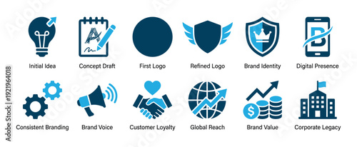 Set of twelve blue infographic icons illustrating the brand development process from initial idea and logo design to establishing corporate legacy and global business reach