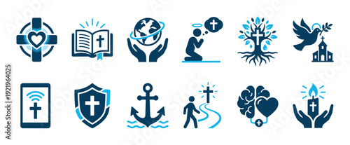 Christian religious icon set in a modern flat style showing faith symbols like the cross, bible, prayer, church, dove, and anchor for spiritual concepts
