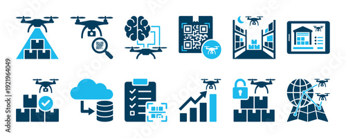 Blue and black drone delivery icon set illustrating modern logistics, warehouse management, autonomous quadcopter shipping, QR code scanning, and global supply chain technology concepts