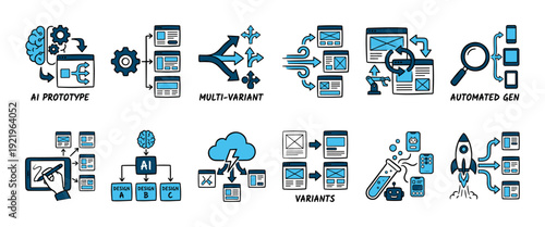 Set of hand-drawn doodle icons illustrating artificial intelligence concepts for UI and UX design, including prototyping, multi-variant testing, and automated generation workflow