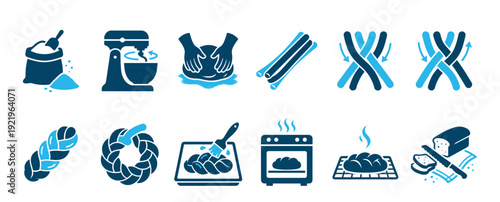 Bread making instruction icon set showing the complete step-by-step process from flour, mixing, and kneading dough to braiding, baking, and slicing a fresh loaf