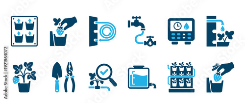 Vertical farming and hydroponic system icon collection showing strawberry cultivation, automated watering, planting, harvesting, and gardening tools in a flat, two-color vector style