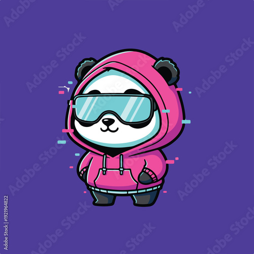 Cute panda wearing cyberpunk hoodie, glowing LED glasses.eps