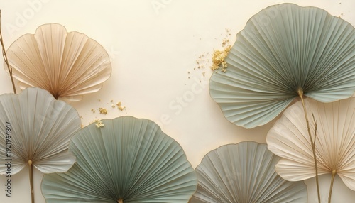 Abstract arrangement of pleated fan palm leaves in pastel tones with gold accents. Natural foliage design suitable for modern decor, luxury branding, elegant invitations. Gentle curves, organic