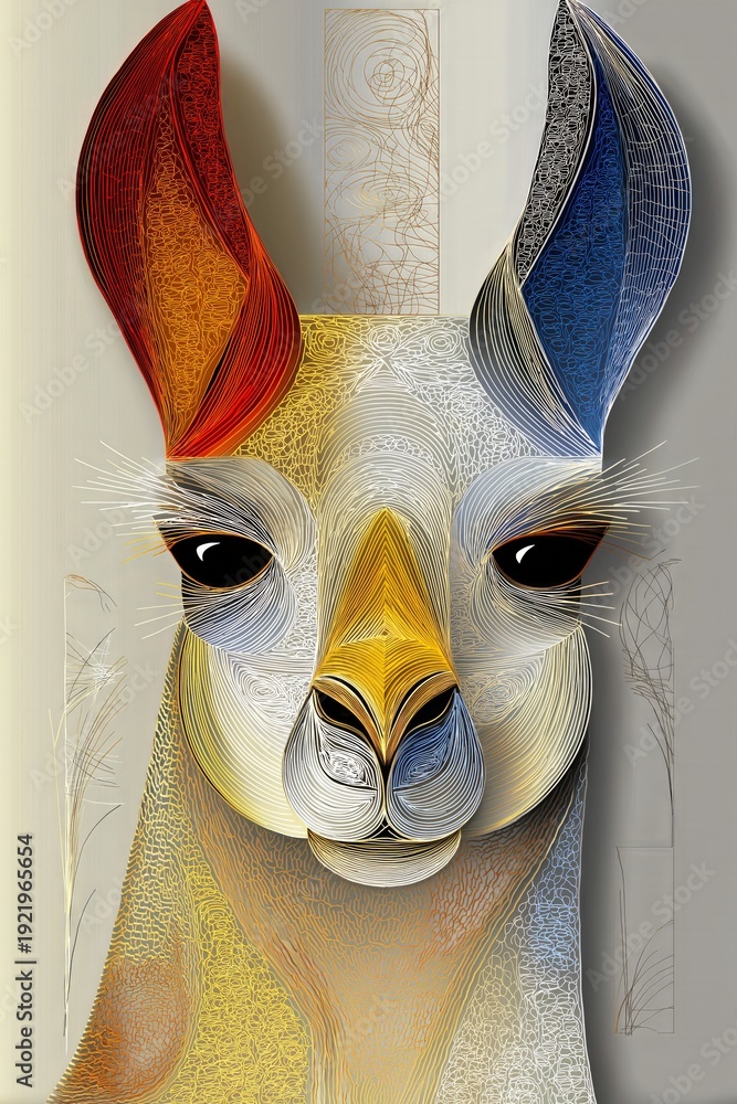 Fototapeta premium AI-generated stylized portrait illustration of a alpaca, in blue, white, black, yellow and orange