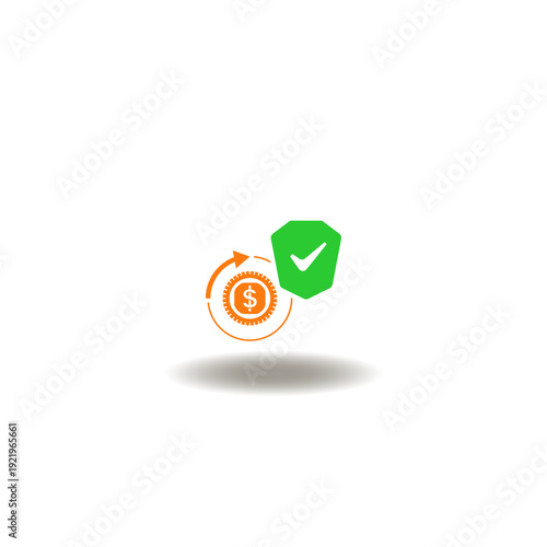 Vector illustration of coin cash with round arrow and shield with check mark. Icon of copay. Symbol of copayment.