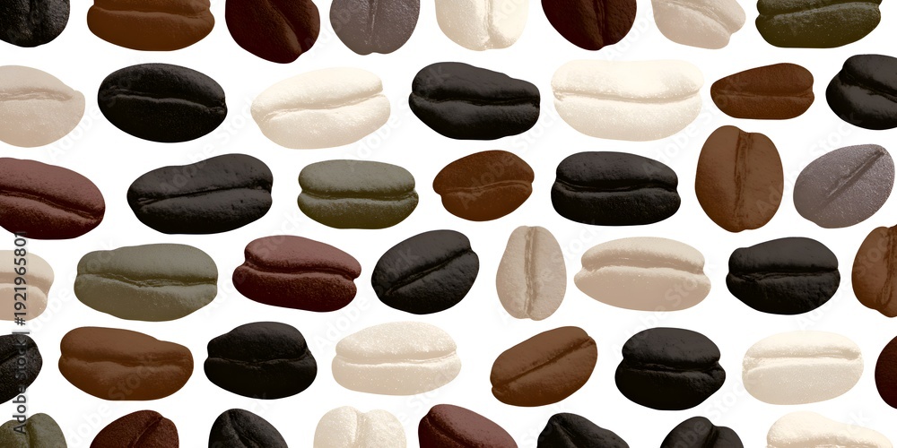 Obraz premium Coffee beans of various roast levels are scattered across a white background creating a visually appealing seamless pattern for packaging use.