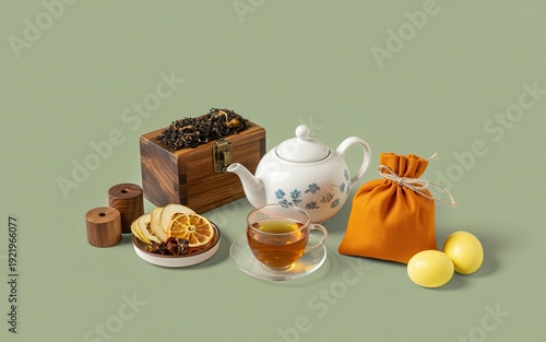 A delightful tea set presentation featuring a teapot, a cup of tea, dried citrus slices, and a wooden box filled with loose-leaf tea