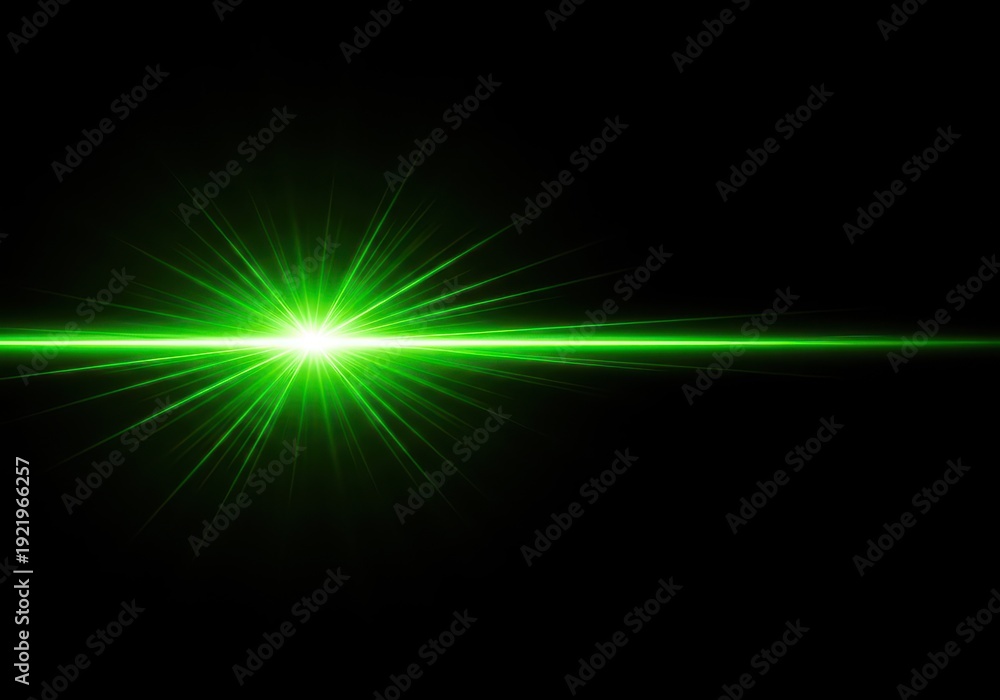 Obraz premium Intense bright green glowing energy beam illuminating a deep black background, creating an abstract futuristic technology texture, pattern, green, data