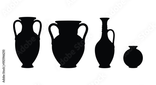 Four ancient ceramic vessels in a stark black silhouette