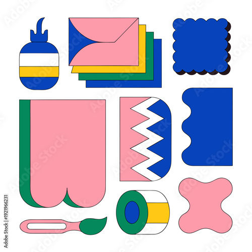 Collection of colorful graphic design elements including envelopes, paint brush, glue bottle, and tape dispenser for creative projects