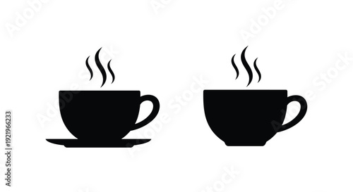Two black coffee cups with rising steam a minimalist silhouette