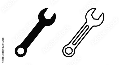Two wrench icons one filled and one outlined in black and white silhouette