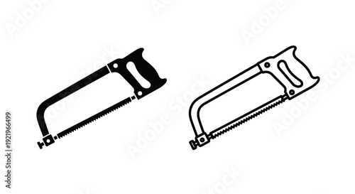 Two hacksaw illustrations in black and white a simple silhouette