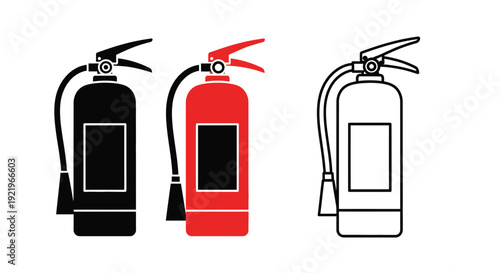 Three fire extinguishers in varying colors a black red and white silhouette