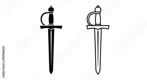 Two antique swords depicted in a stark black silhouette