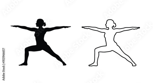 Two yoga poses depicted a solid form and outline silhouette