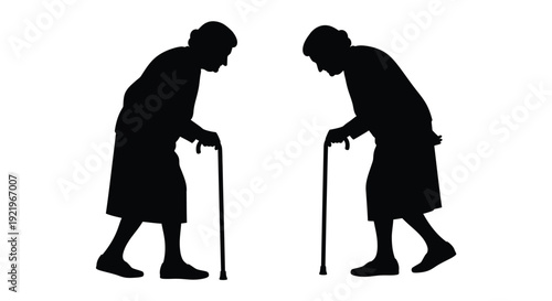 Two elderly men with canes facing each other black silhouette
